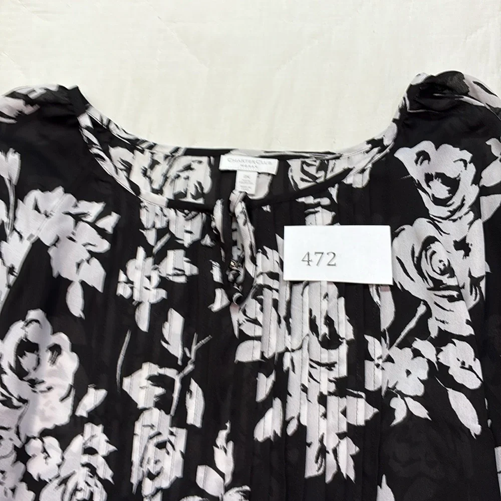 Charter Club Black White Floral Sheer Blouse Tie Neck Pintuck Plus Size 2X Tunic - Picture 10 of 10